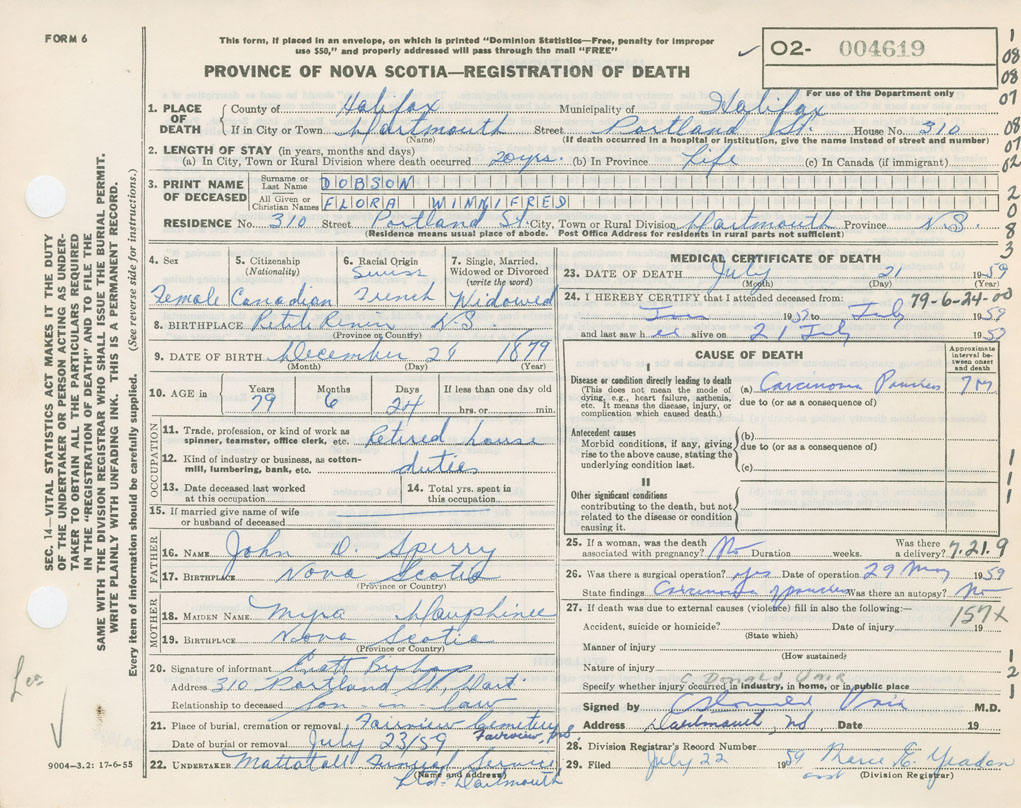 Flora Winnifred (Sperry) Dobson: Death