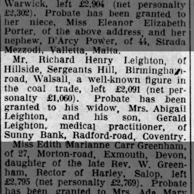 Richard Henry Leighton Probate notice after death
