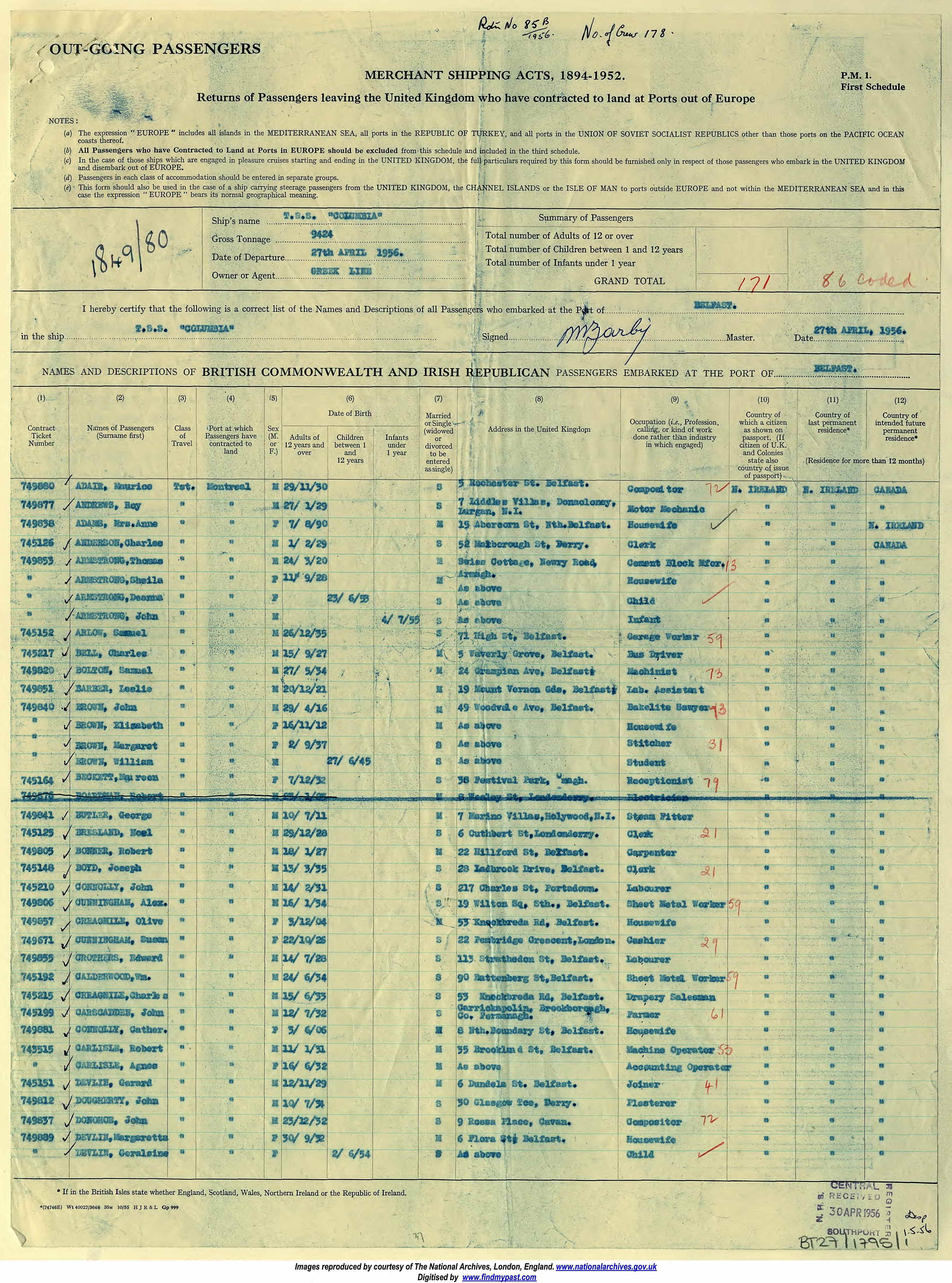 UK and Ireland, Outward Passenger Lists, 1890-1960